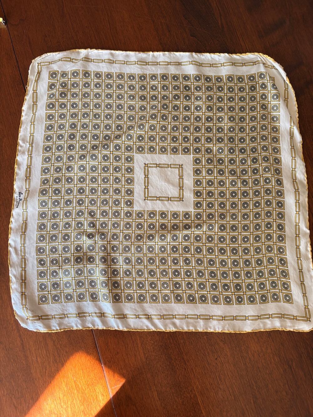 Vintage Les Mans All Silk Scarf 18.5” Square Ivory Gold Black Geometric